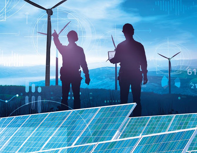 silhouettes of engineers amid wind turbines and solar panels