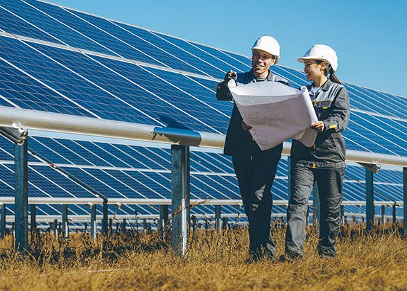 Solar panels construction workers